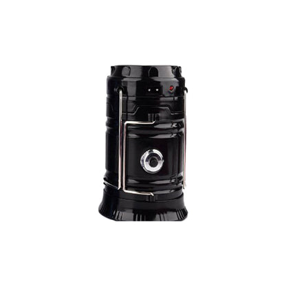 solar charging telescopic camping lantern, black with metal carry handle and front lens on Tampa Home & Garden Store