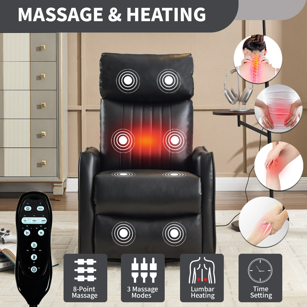 Black faux leather heat massage manual recliner chair HouseOfZazla on Tampa Home & Garden Store