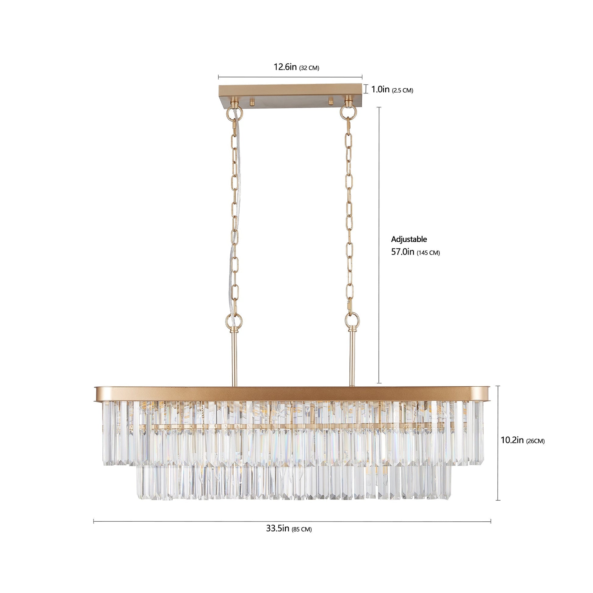 Rectangular crystal chandelier in gold iron finish with prisms; adjustable chains HouseOfZazla on Tampa Home & Garden Store