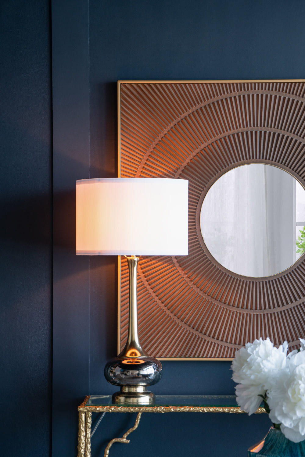 D15x29 Table Lamp with Glass Drum Shade; gold-brass base, white shade by HouseOfZazla on Tampa Home & Garden Store