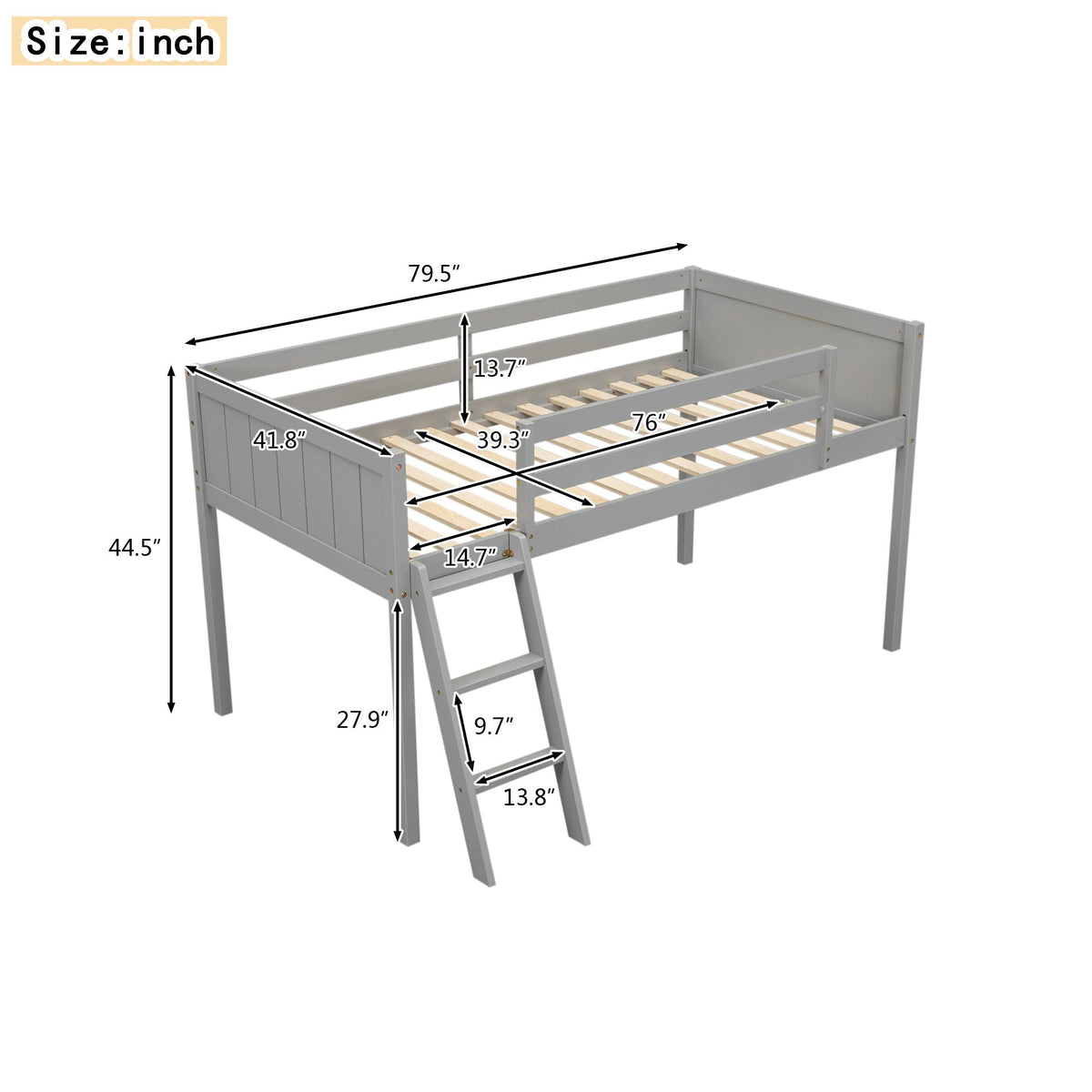 Low Loft Bed With Adjustable Ladder gray wood frame by HouseOfZazla Loft Beds & Bed Frames on Tampa Home & Garden Store