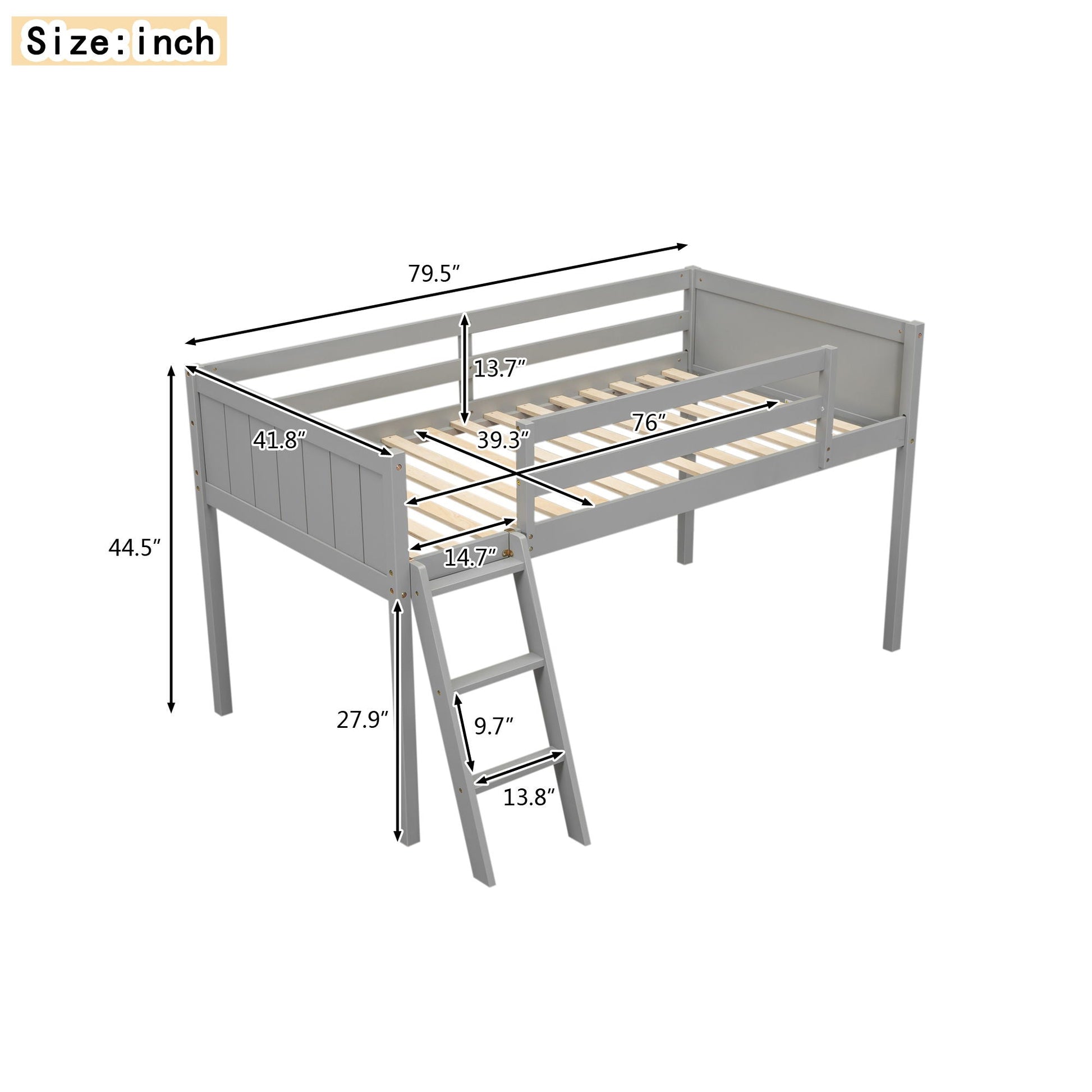 Low Loft Bed With Adjustable Ladder gray wood frame by HouseOfZazla Loft Beds & Bed Frames on Tampa Home & Garden Store