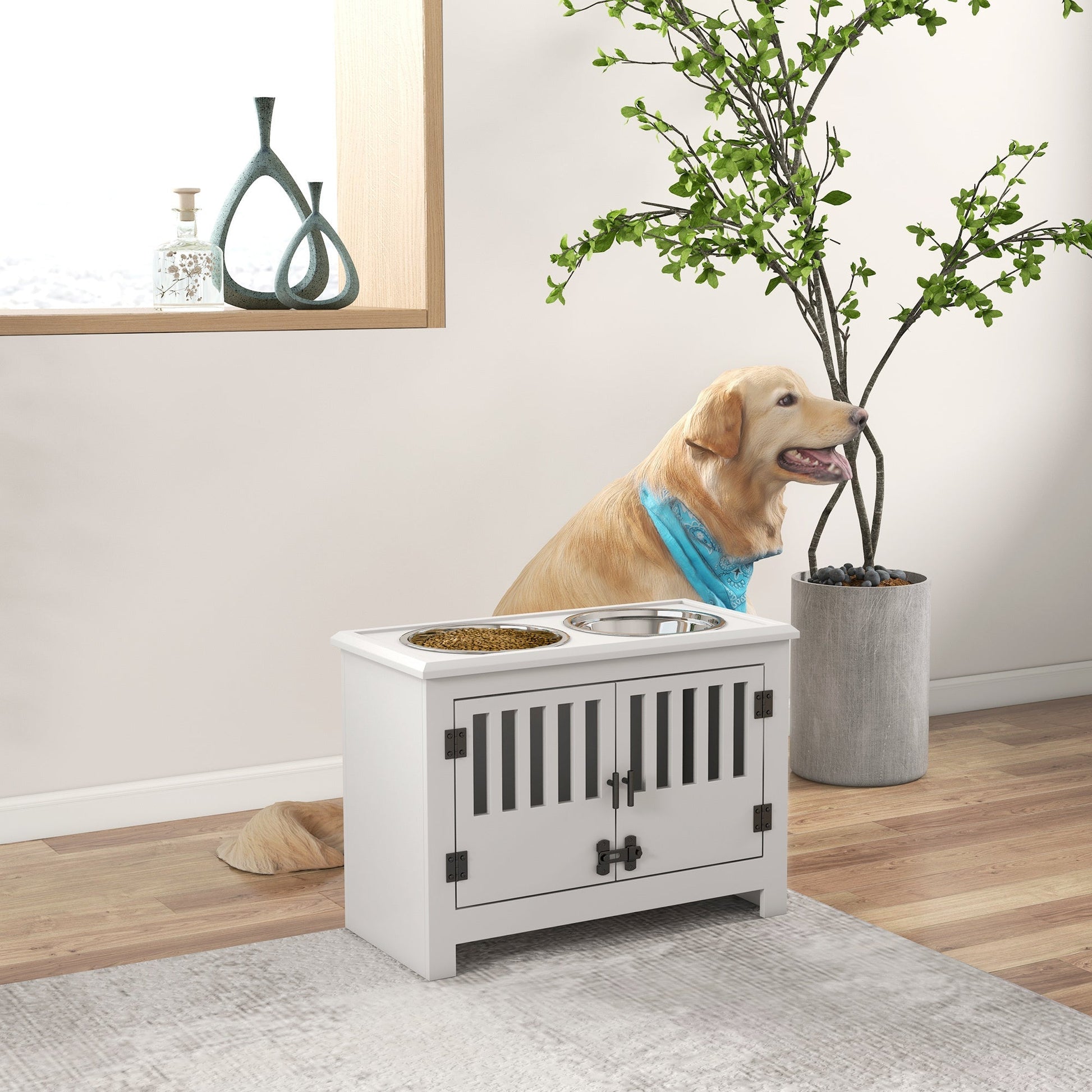 PawHut large elevated dog bowls with storage cabinet white with dual stainless bowls dog nearby on Tampa Home & Garden Store
