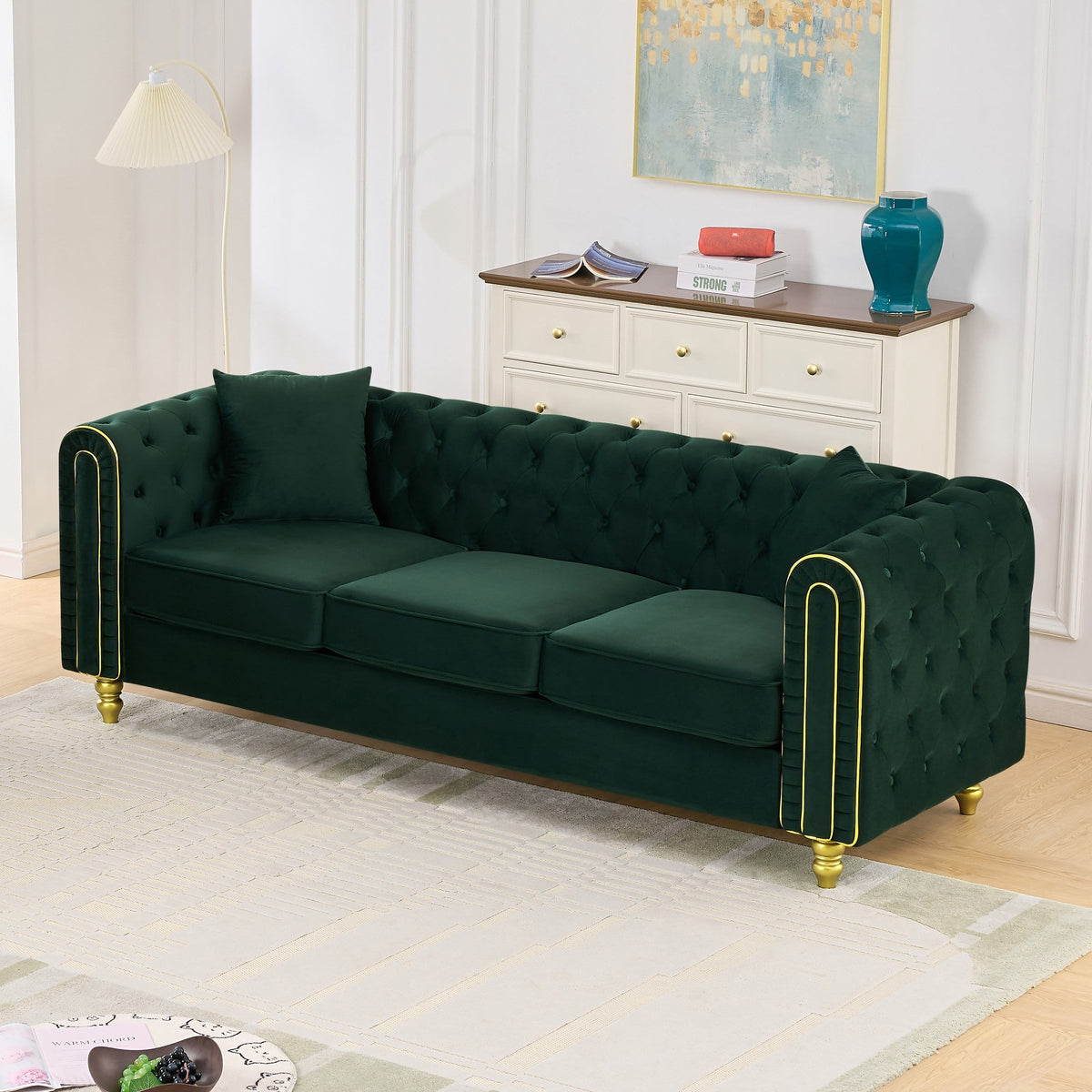 Modern 86 Inch Tufted Velvet And Gold Sofa