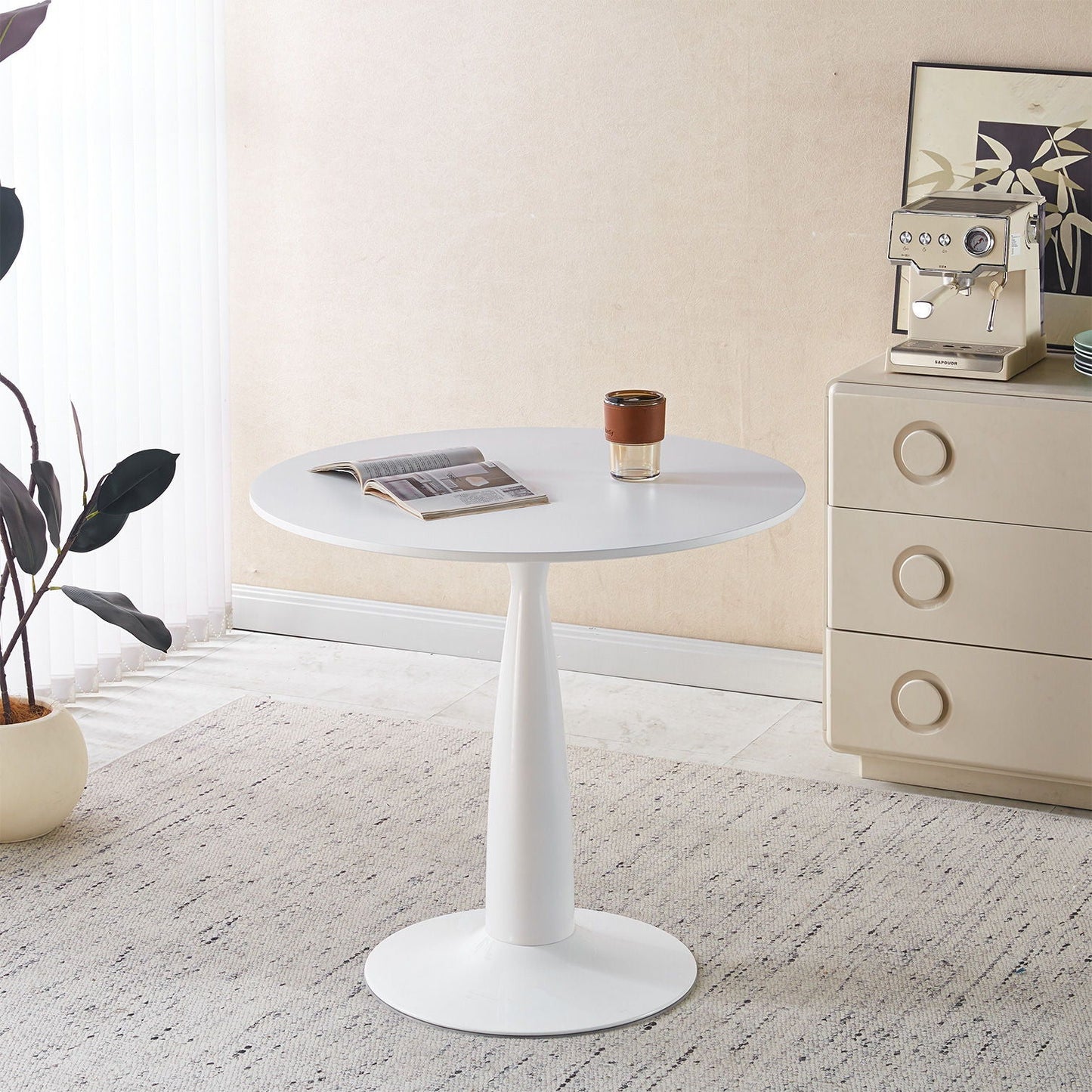 Round White Kitchen Table with Metal Base