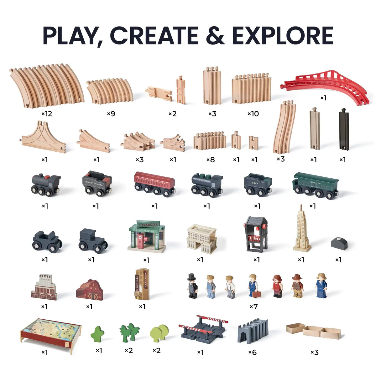 Tiny Land 1920 Railway Adventure Train Table: wooden rails, red curved track, trains on Tampa Home & Garden Store