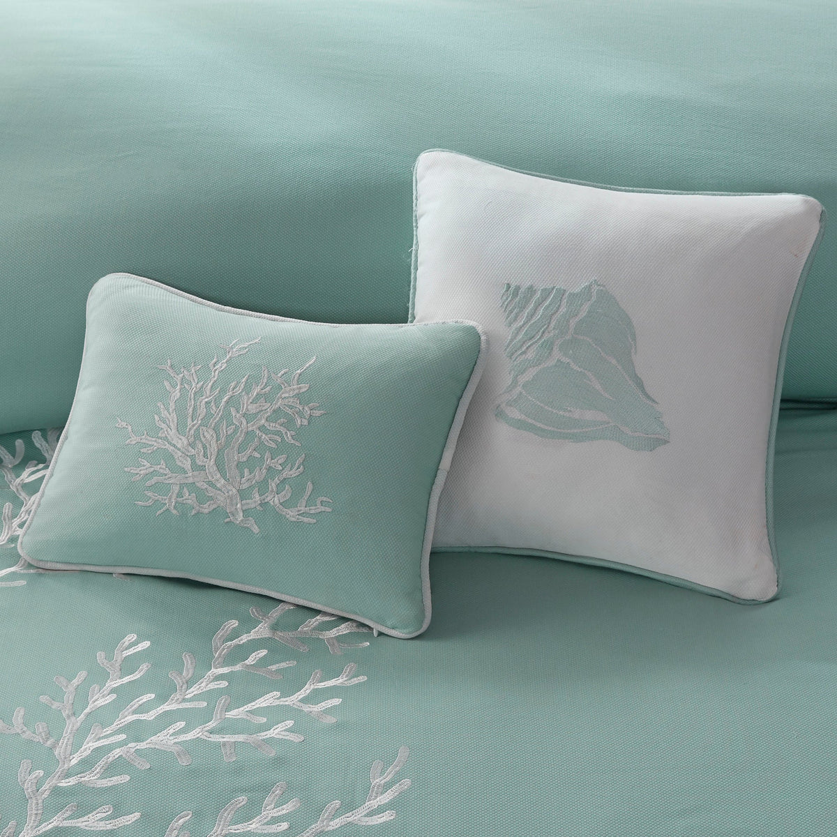 Oversized Cotton Jacquard Aqua King comforter set with coral-embroidered pillows on Tampa Home & Garden Store