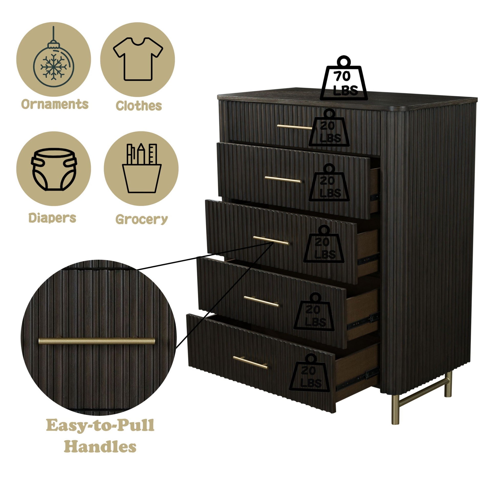 Clayten Chest Espresso by HouseOfZazla; ribbed chest with gold handles on Tampa Store on Tampa Home & Garden Store