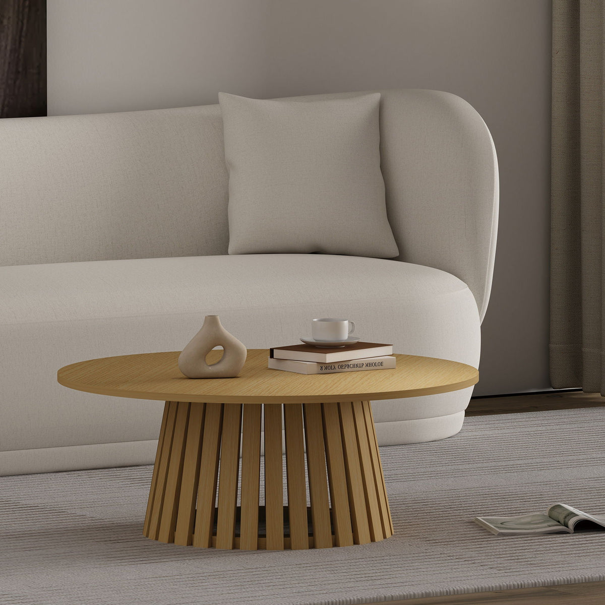 Layla End Table with Wood Grain Finish light brown round top and slatted pedestal base on Tampa Home & Garden Store