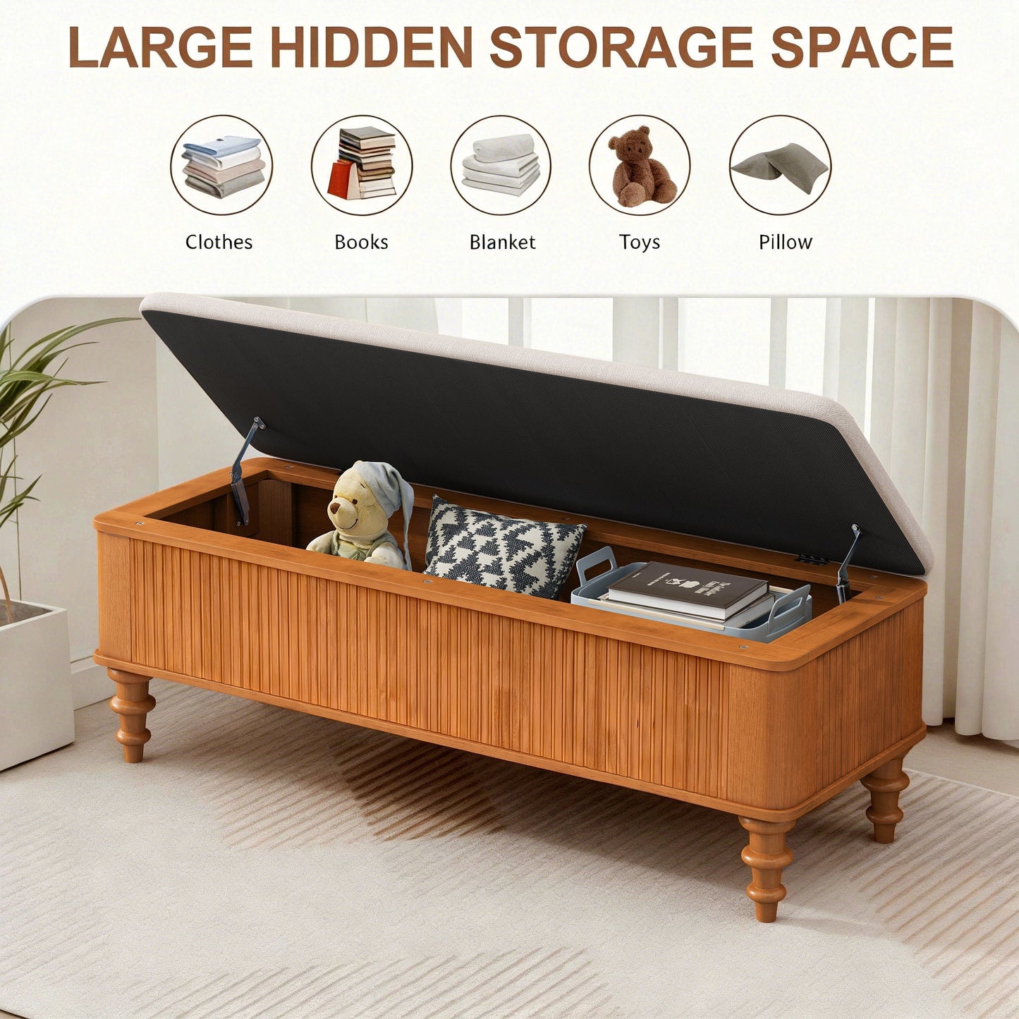 50.8-Inch storage ottoman bench with lift-top lid; interior shows teddy bear and cushions on Tampa Home & Garden Store
