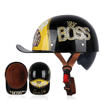 3 Boss Vintage Half Motorcycle Helmets by BikerZoneZ, black with gold BOSS logo, straps on Tampa Home & Garden Store