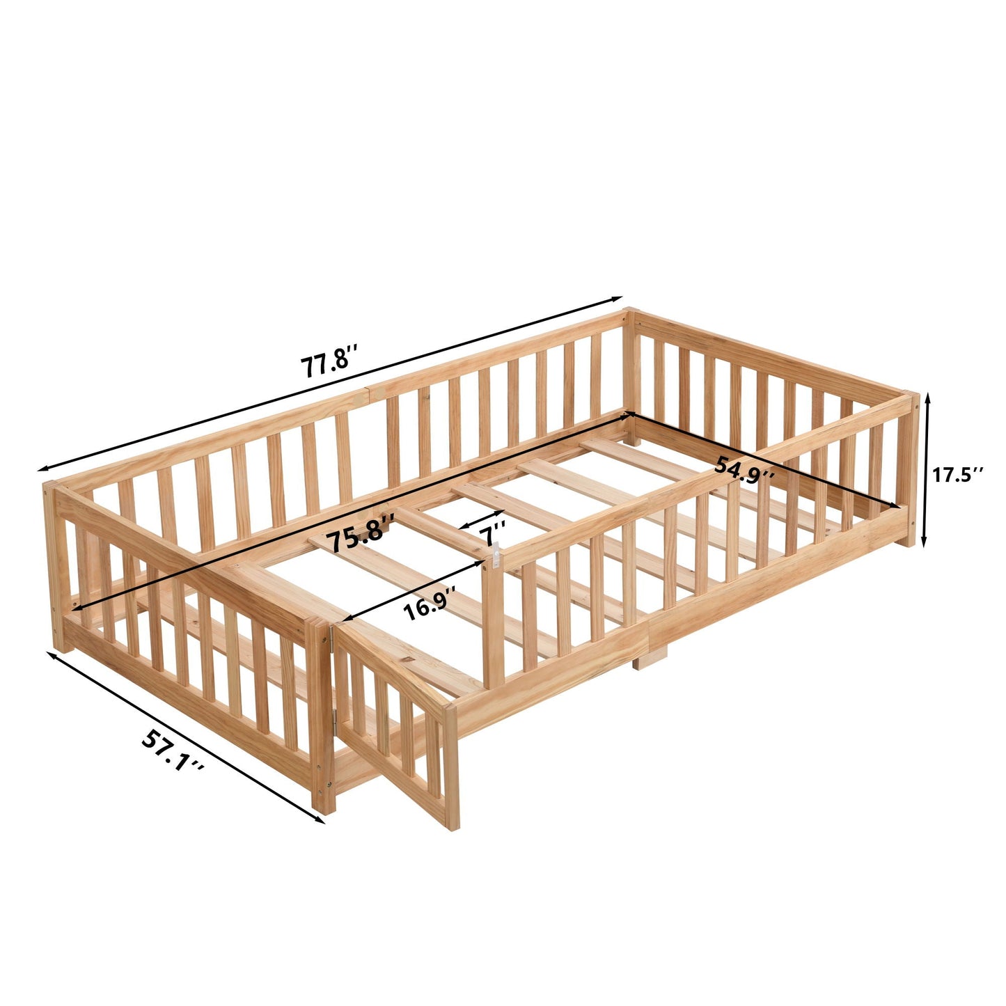 Solid floor bed with door and fence for children in natural wood, platform bed frame on Tampa Home & Garden Store