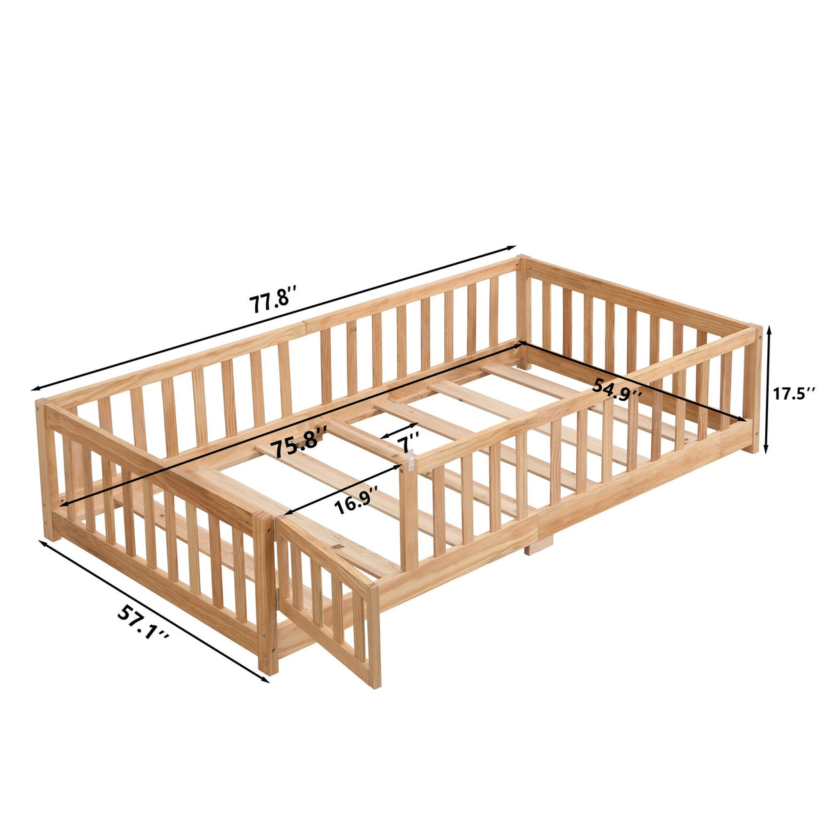 Solid floor bed with door and fence for children in natural wood, platform bed frame on Tampa Home & Garden Store