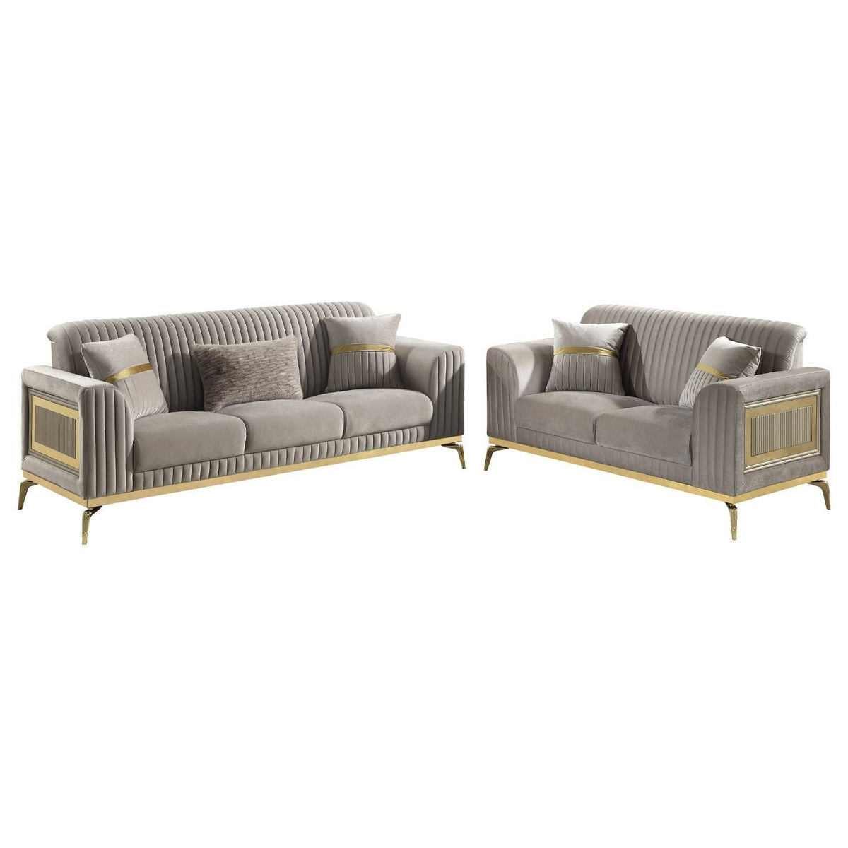 Antigua 2pc Living Room Set sofa and loveseat in velvet with cushions and gold trim HouseOfZazla on Tampa Home & Garden Store