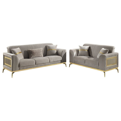 Antigua 2pc Living Room Set sofa and loveseat in velvet with cushions and gold trim HouseOfZazla on Tampa Home & Garden Store