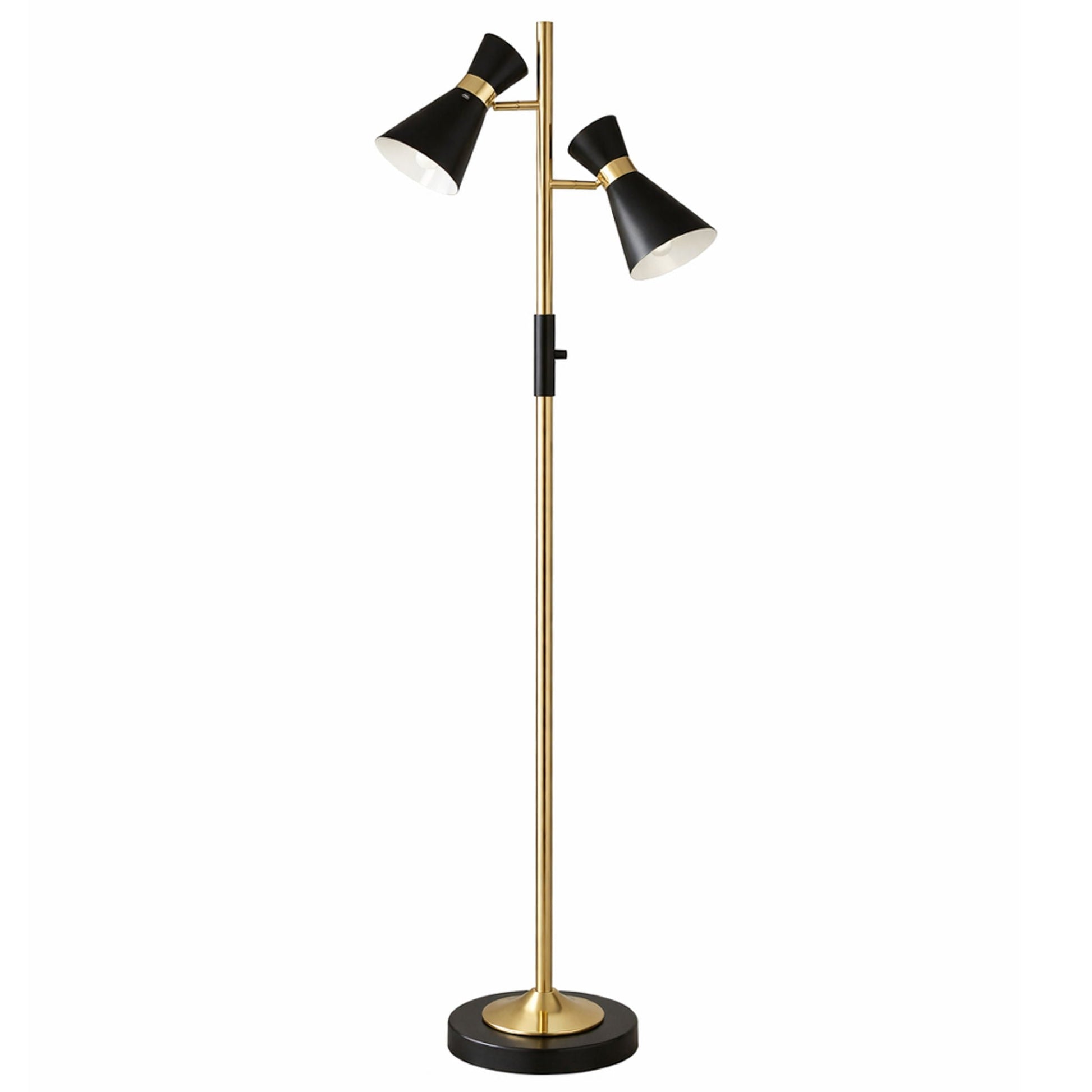 Axis floor lamp by HouseOfZazla with 4-way switch and twin black cone shades on a gold stem on Tampa Home & Garden Store