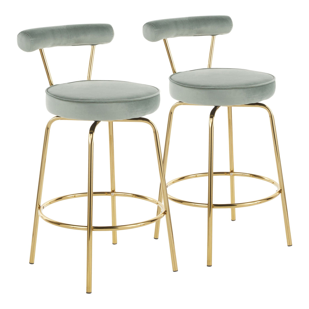 Glam counter stools with swivel seats in seafoam velvet and gold-tone frames, 2 HouseOfZazla on Tampa Home & Garden Store