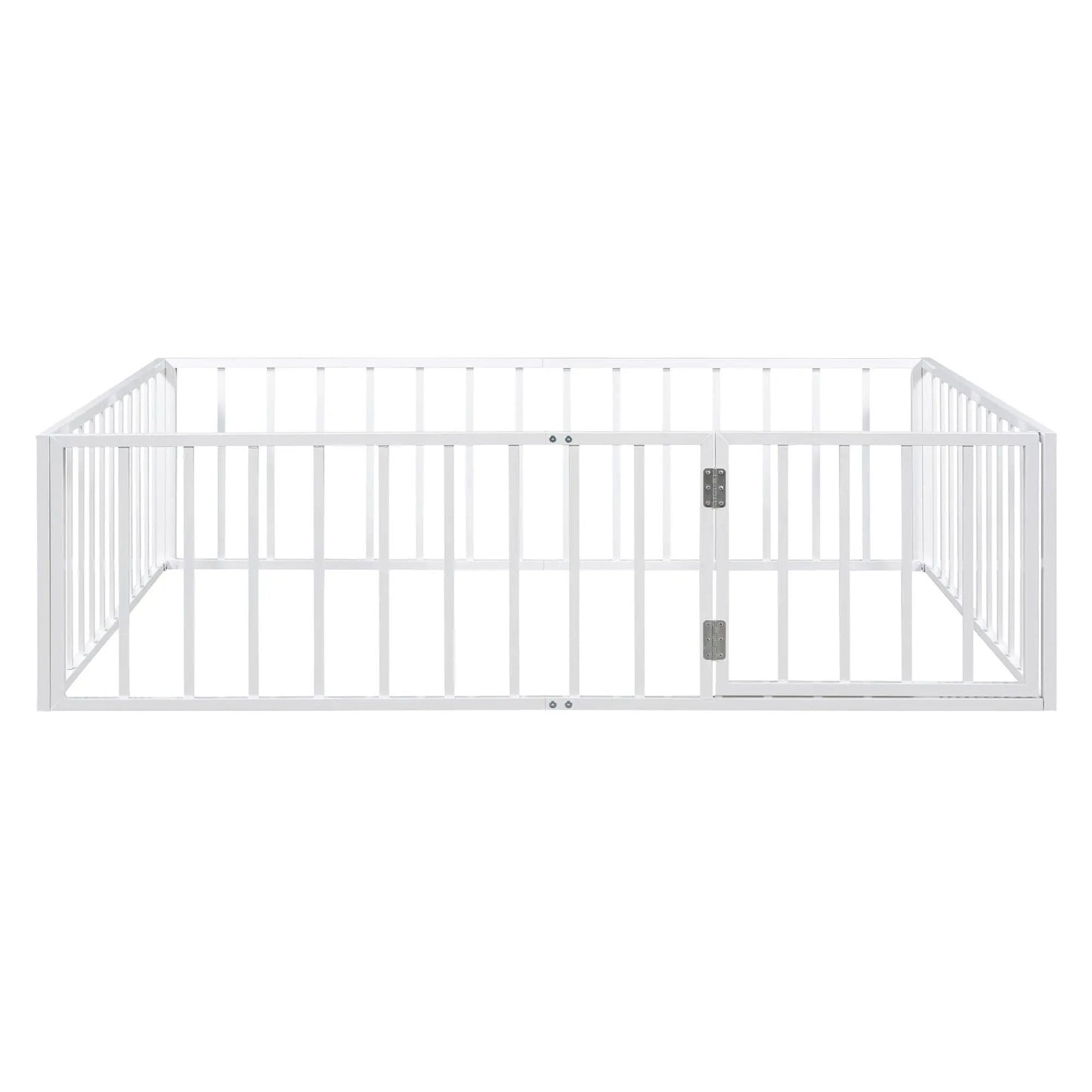White metal floor bed frame with fence and door, vertical bars and hinged gate on Tampa Home & Garden Store
