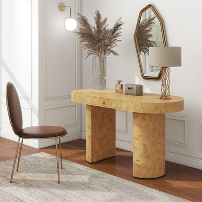 Oval Computer Desk with Single Drawer in Burl Wood Veneer, light brown finish on Tampa Home & Garden Store