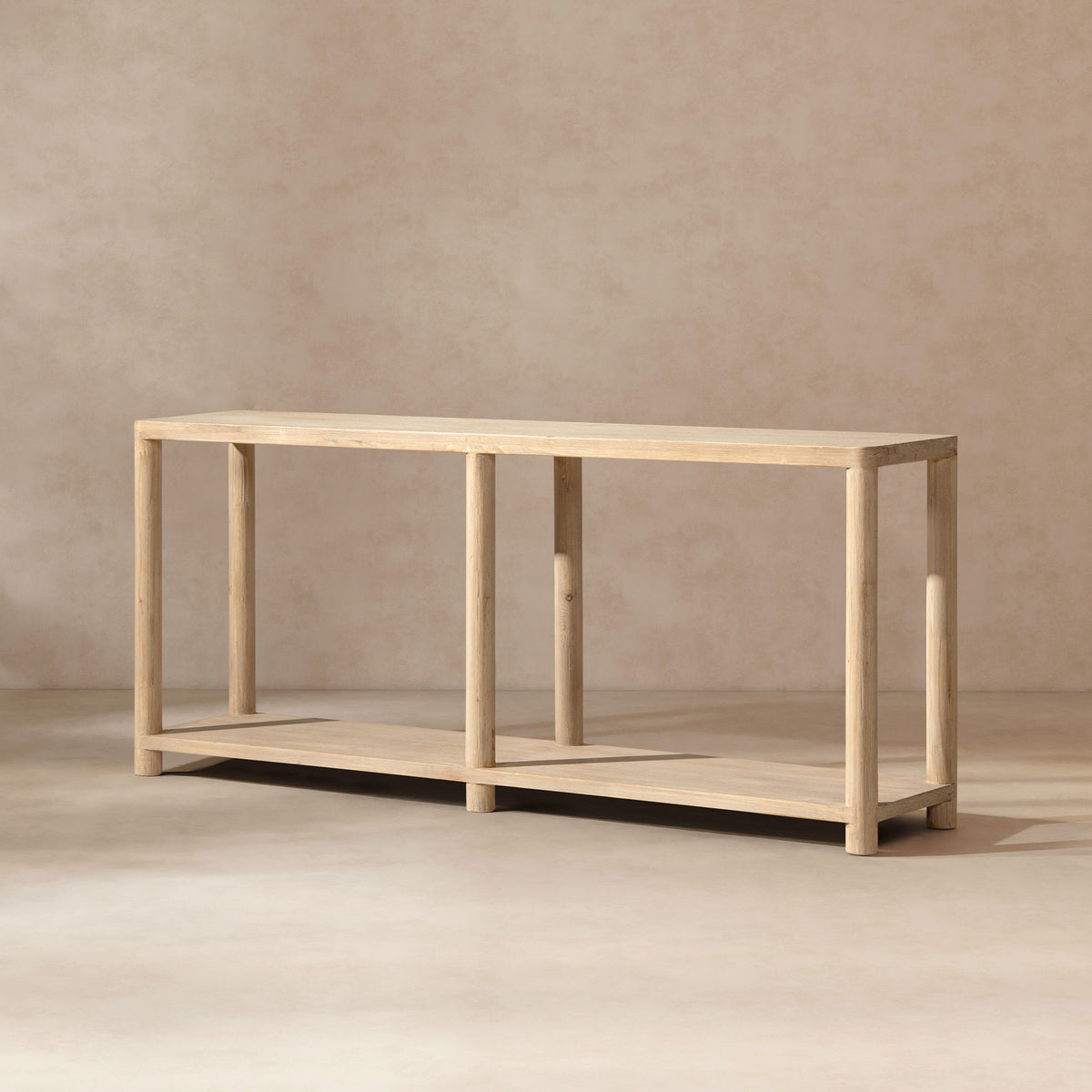 Natural reclaimed wood console table with lower shelf in a minimal rectangular frame on Tampa Home & Garden Store