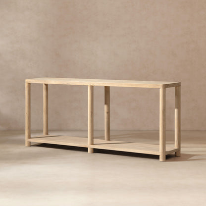 Natural reclaimed wood console table with lower shelf in a minimal rectangular frame on Tampa Home & Garden Store