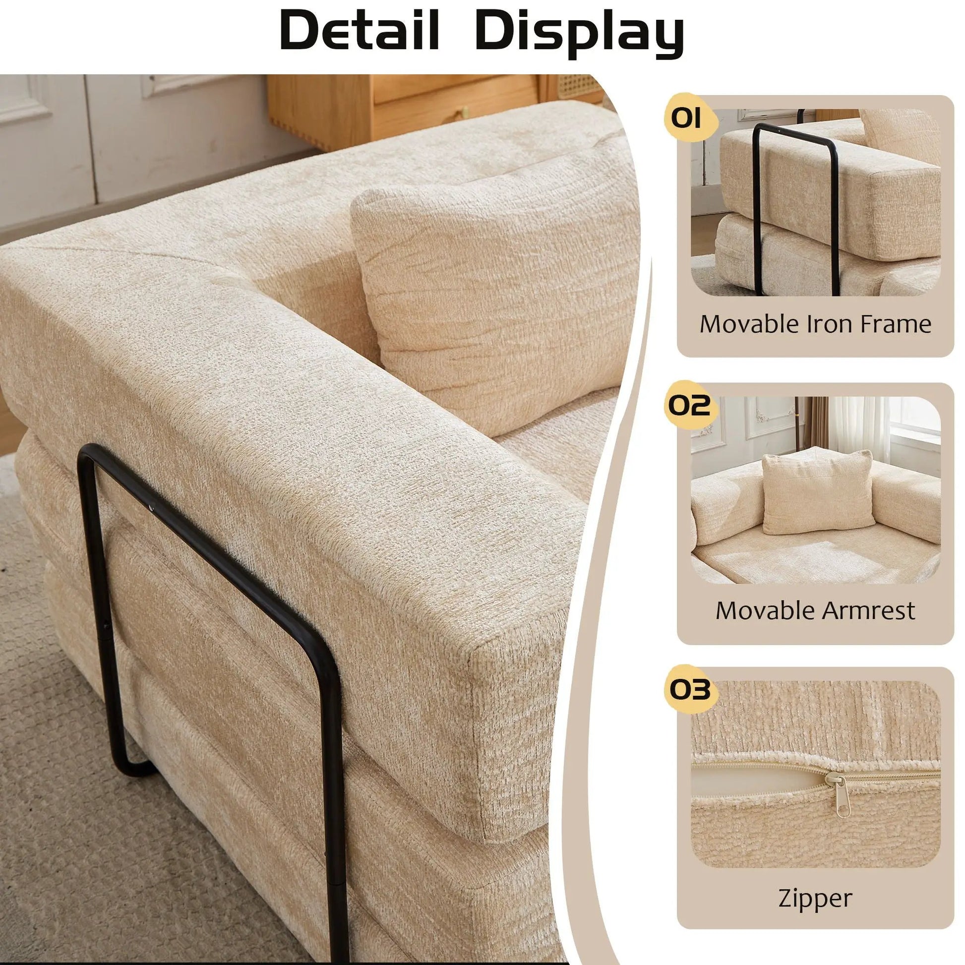 Convertible floor sofa bed futon in beige textured fabric with black iron frame on Tampa Home & Garden Store