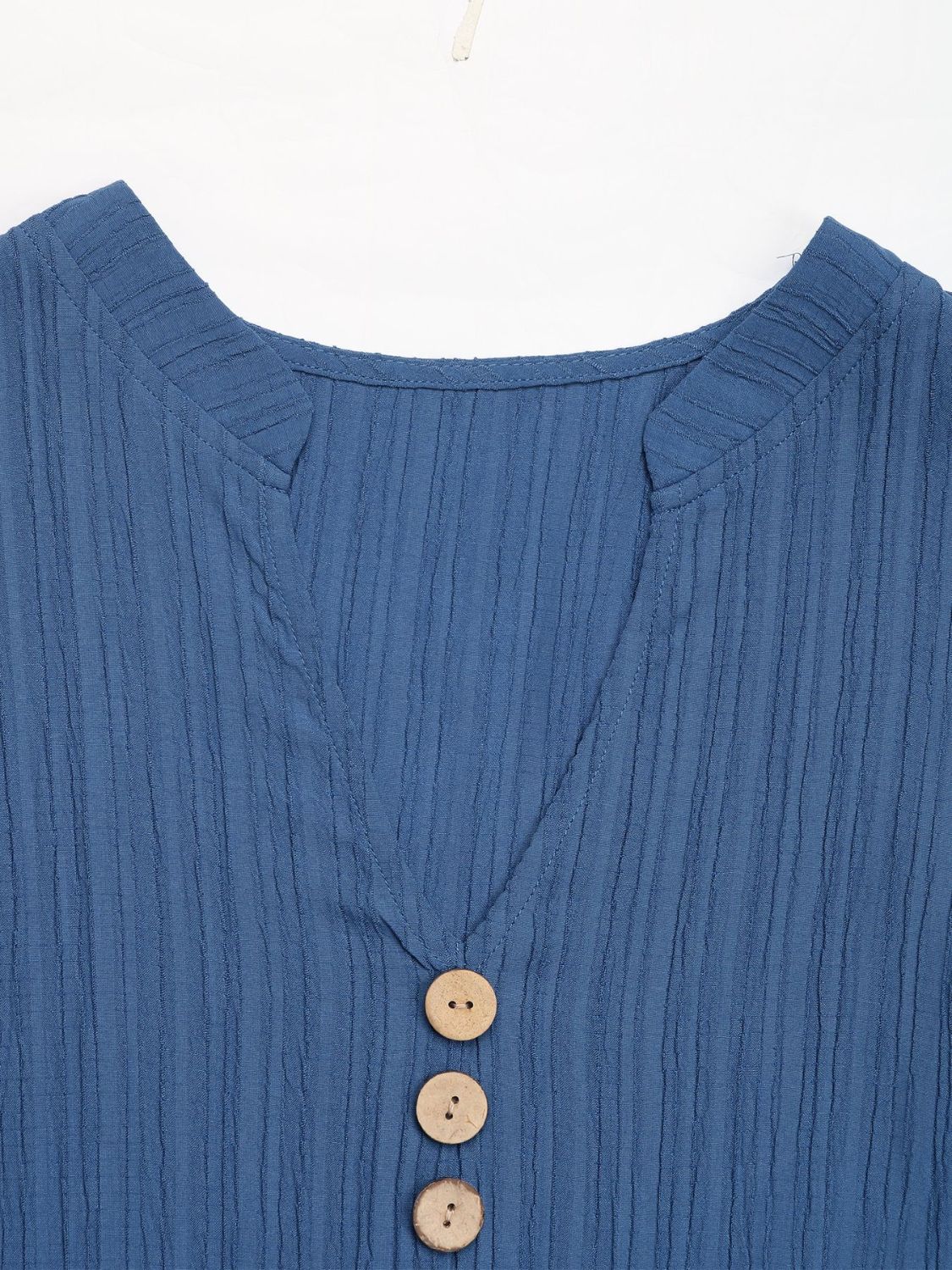 Stevvex dusty blue sleeveless dress with button-front placket, V-neck, pleats, buttons on Tampa Home & Garden Store