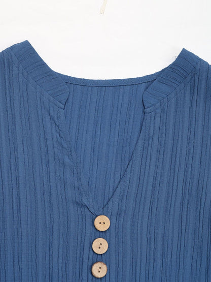 Stevvex dusty blue sleeveless dress with button-front placket, V-neck, pleats, buttons on Tampa Home & Garden Store