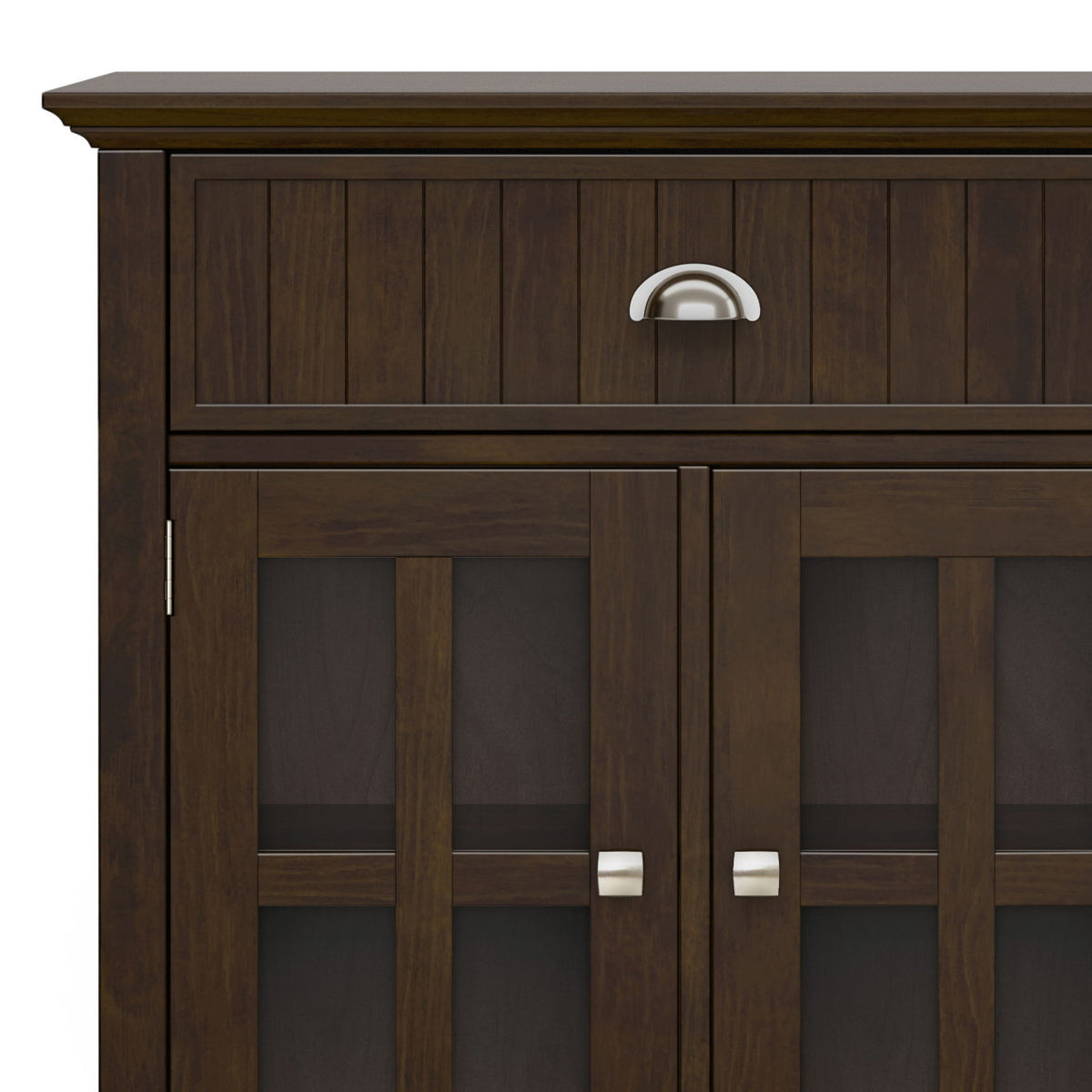 Large brown solid pine sideboard buffet with vertical panel doors and metal pulls on Tampa Home & Garden Store