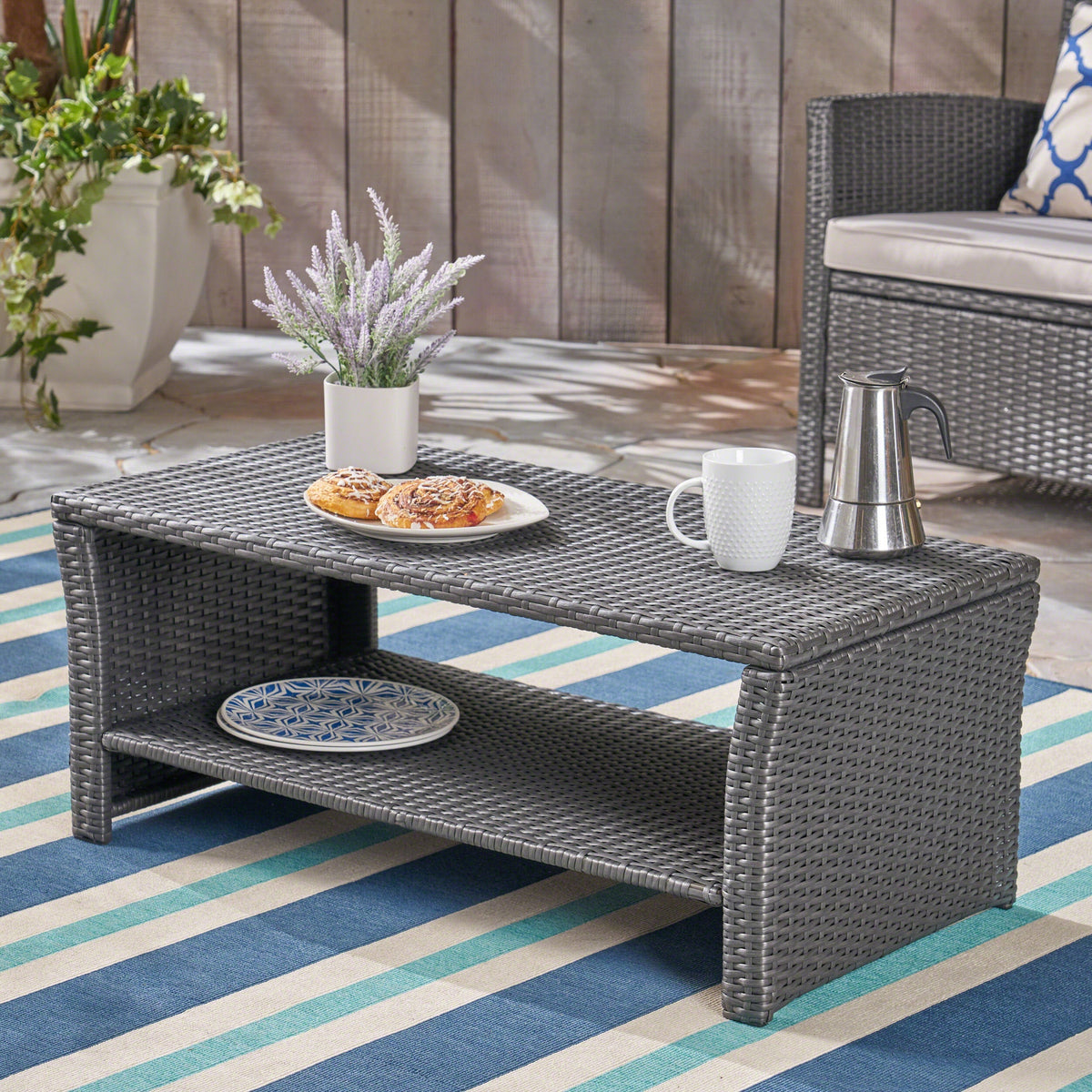 St Lucia outdoor dining table with open shelf storage, grey wicker by HouseOfZazla on Tampa Home & Garden Store