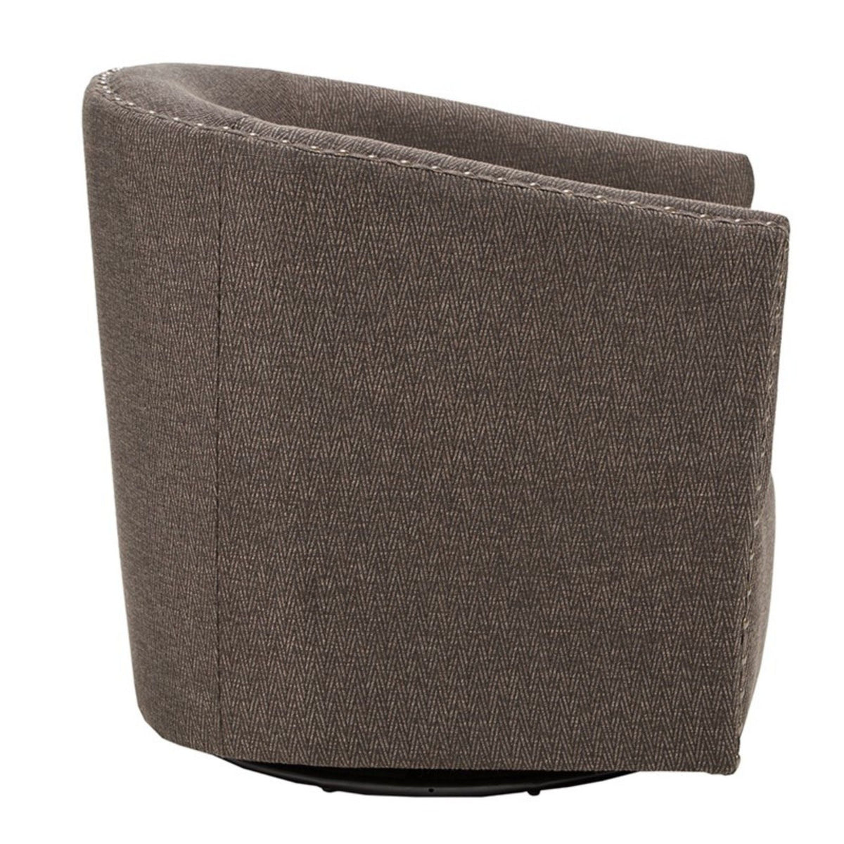 Swivel chair with brown textured fabric, curved silhouette and visible stitching on Tampa Home & Garden Store