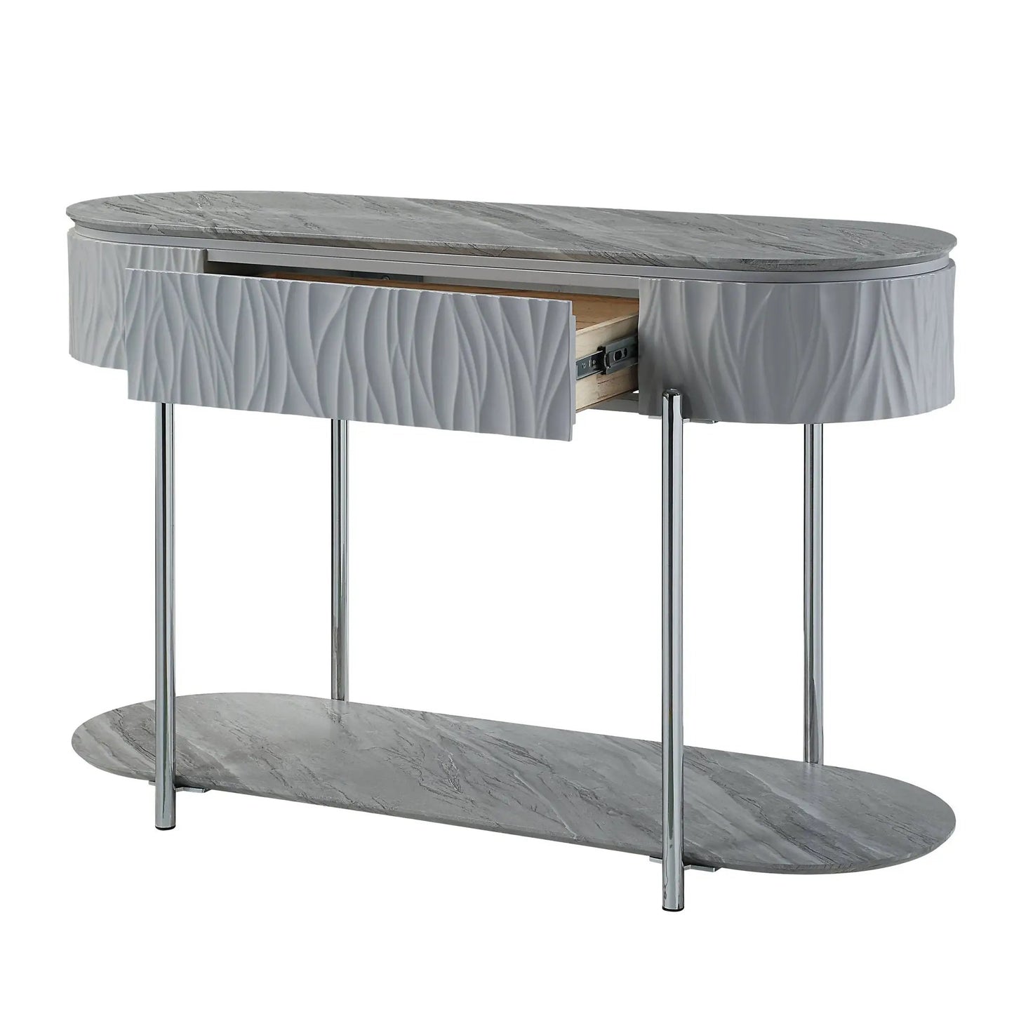 Yukino High Gloss Table round marble top with chrome legs and textured wave panels 3-tier sofa table on Tampa Home & Garden Store