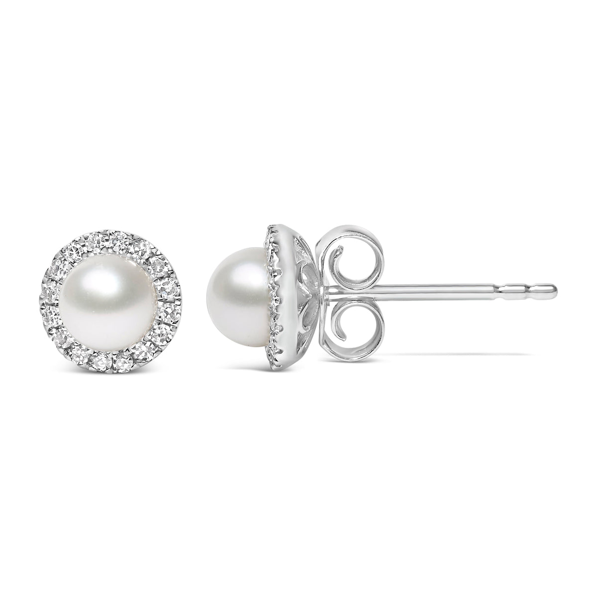 10K white gold freshwater pearl halo stud earrings with 4.5mm pearls and 1/7 cttw diamonds I-J I1-I2 on Tampa Home & Garden Store