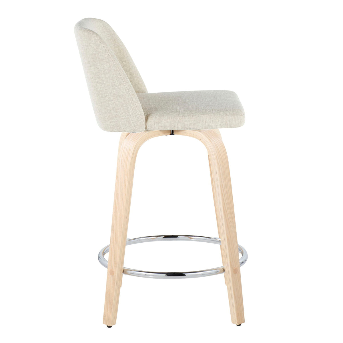 Contemporary fixed-height counter stool with swivel, beige upholstered seat, light wood legs on Tampa Home & Garden Store