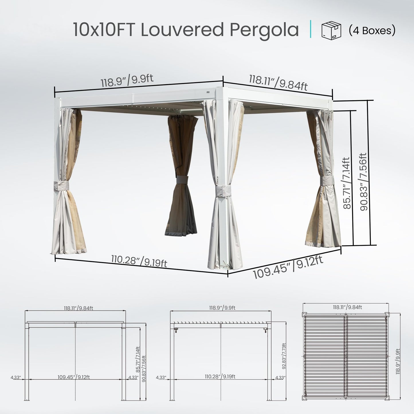 10x10 ft louvered pergola by HouseOfZazla, white aluminum frame with beige curtains, 4 boxes on Tampa Home & Garden Store