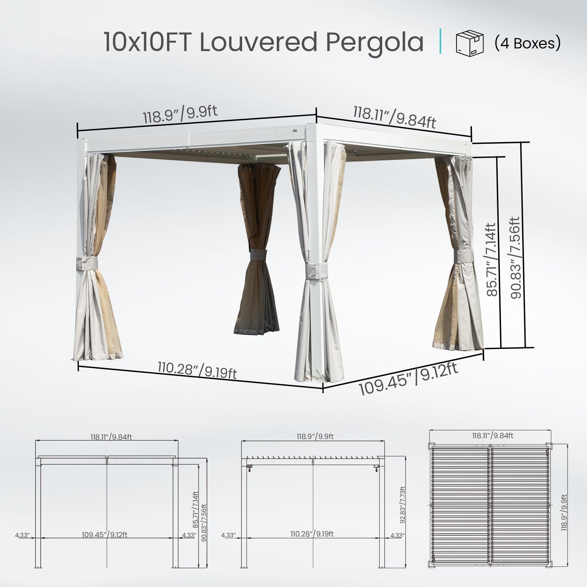 10x10 ft louvered pergola by HouseOfZazla, white aluminum frame with beige curtains, 4 boxes on Tampa Home & Garden Store