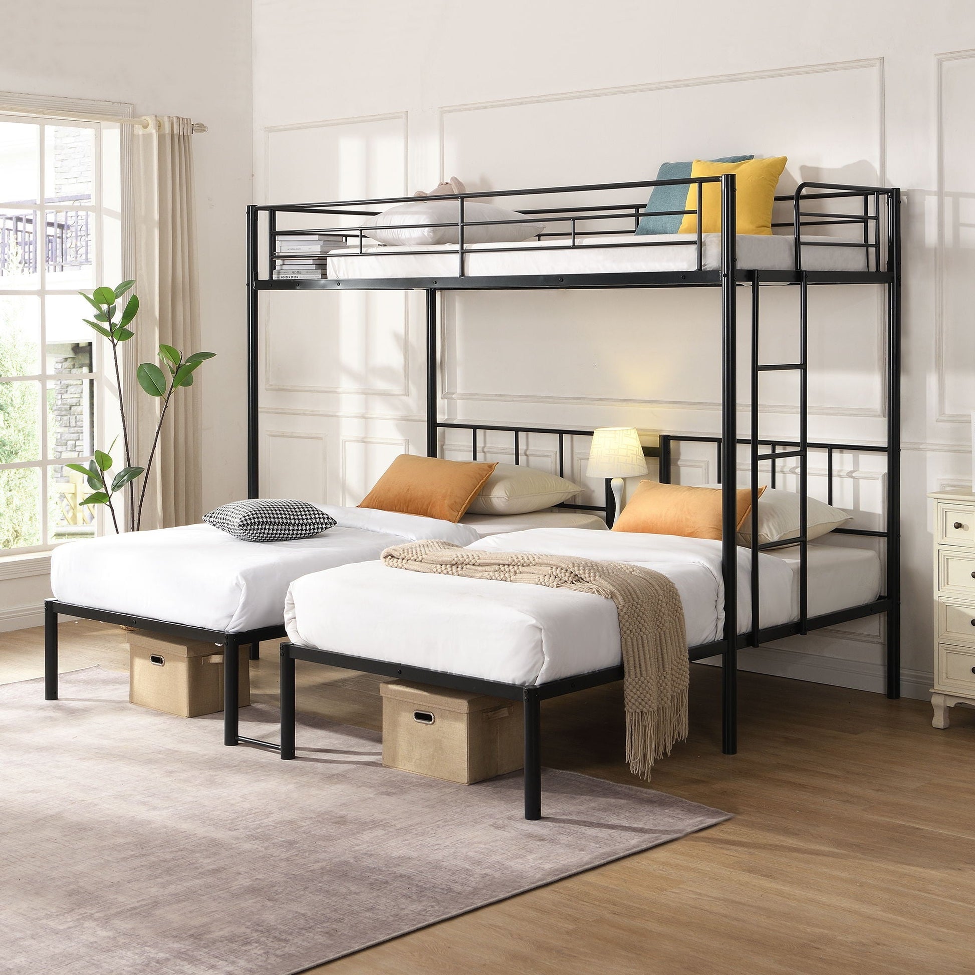 HouseOfZazla black triple twin bunk bed with safety rails and storage shelf on Tampa Home & Garden Store