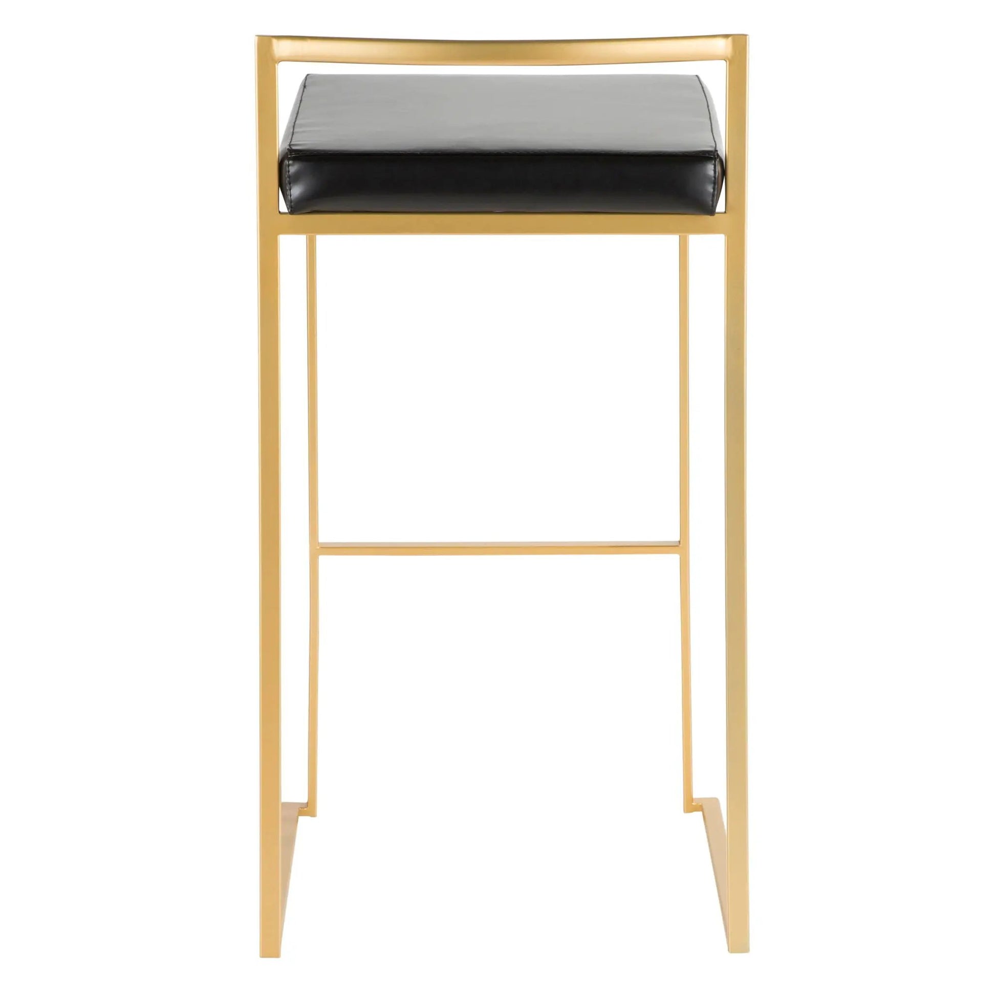 Fuji contemporary glam barstool with gold metal frame and black leather cushion on Tampa Home & Garden Store