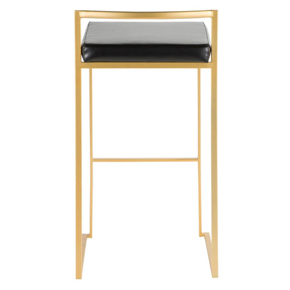 Fuji contemporary glam barstool with gold metal frame and black leather cushion on Tampa Home & Garden Store