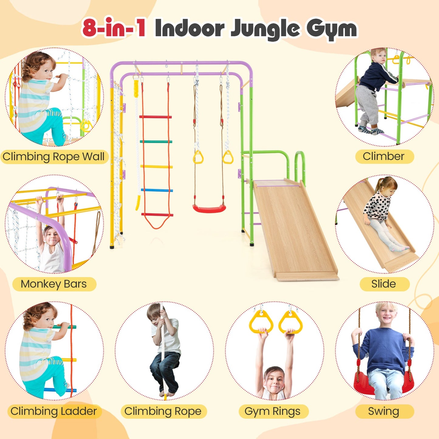 Metal Indoor Jungle Gym 8-in-1 Climbing Playset with Monkey Bars-Multicolor