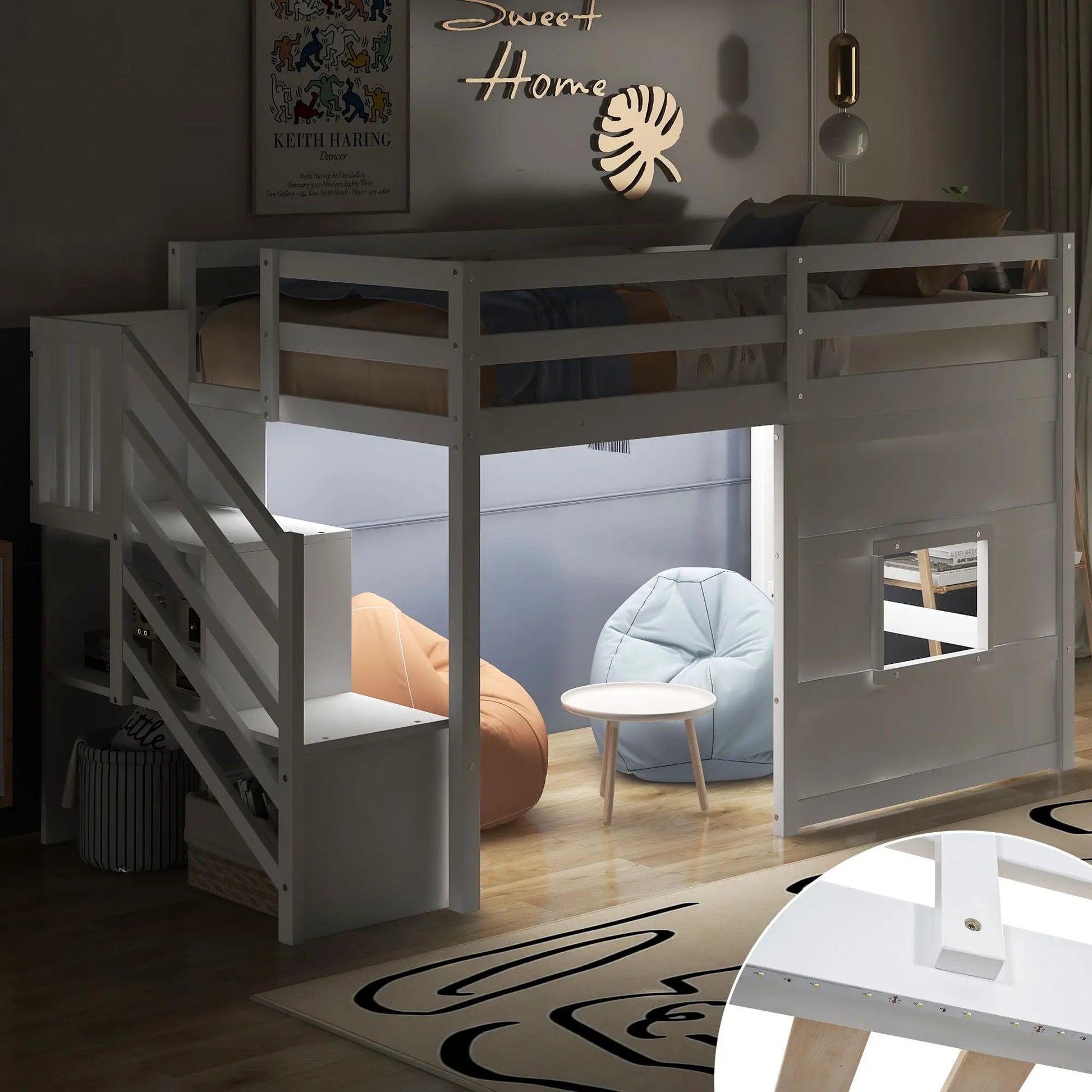 Loft Bed With Storage Stairs in gray metal frame with LED light by Unique Piece Furniture on Tampa Home & Garden Store