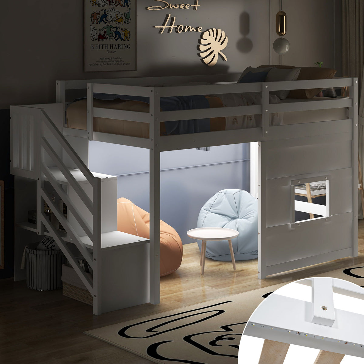 Loft bed with storage staircase in gray, featuring window and LED light by HouseOfZazla on Tampa Home & Garden Store