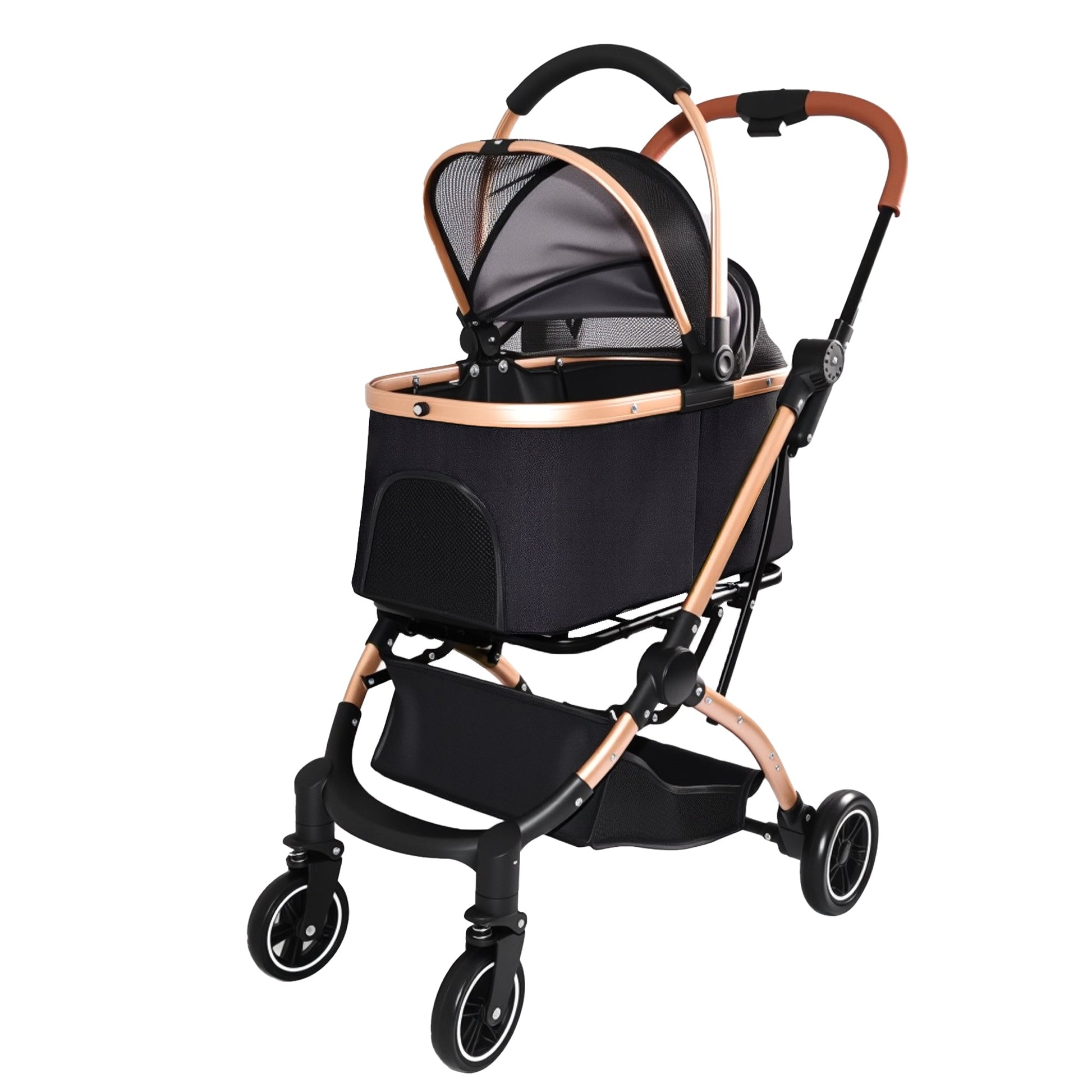 Pet Stroller for Dogs and Cats by HouseOfZazla, 2-in-1 detachable foldable design with rose-gold frame and black fabric on Tampa Home & Garden Store