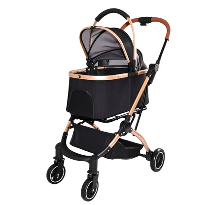 Pet Stroller for Dogs and Cats by HouseOfZazla, 2-in-1 detachable foldable design with rose-gold frame and black fabric on Tampa Home & Garden Store