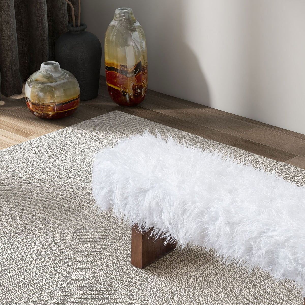 White khaki fur upholstered bench with walnut frame by HouseOfZazla on Tampa Home & Garden Store