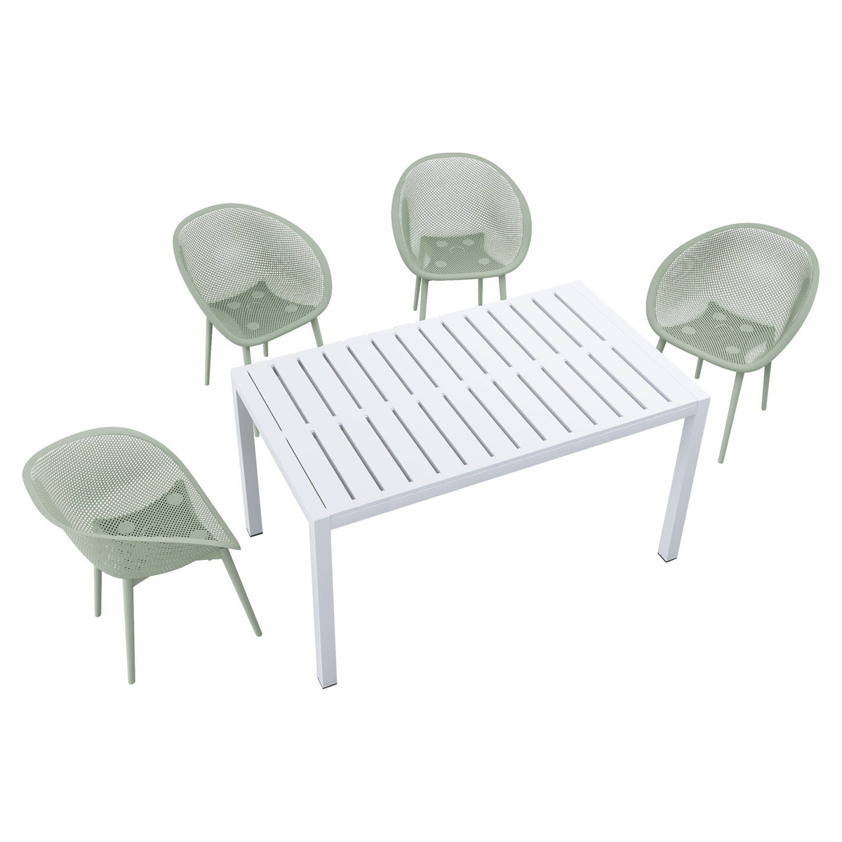 5-piece outdoor lounge set with white plastic slatted table and sage-green metal mesh chairs on Tampa Home & Garden Store