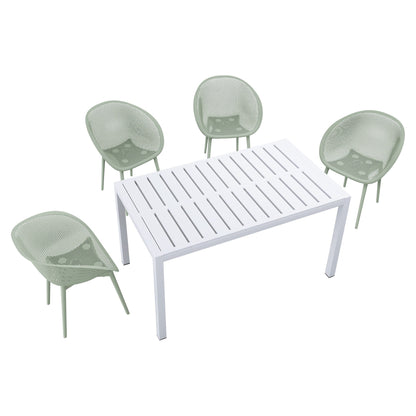 5-piece outdoor lounge set with white plastic slatted table and sage-green metal mesh chairs on Tampa Home & Garden Store