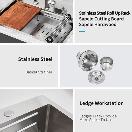33-inch drop-in stainless steel single-bowl sink with ledge workstation and roll-up rack on Tampa Home & Garden Store