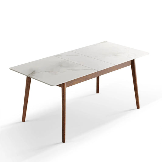 Round corner dining table with marble top and diagonal wooden legs, telescopic extension for 6–8 on Tampa Home & Garden Store