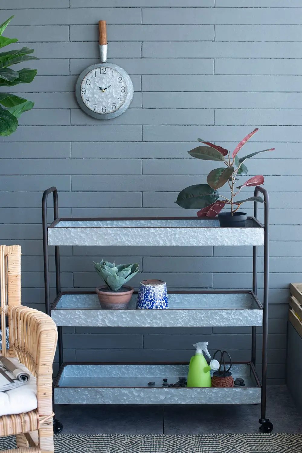 Homestead Galvanized 3‑Tier Shelf Display in gray with black frame by Unique Piece Furniture on Tampa Home & Garden Store